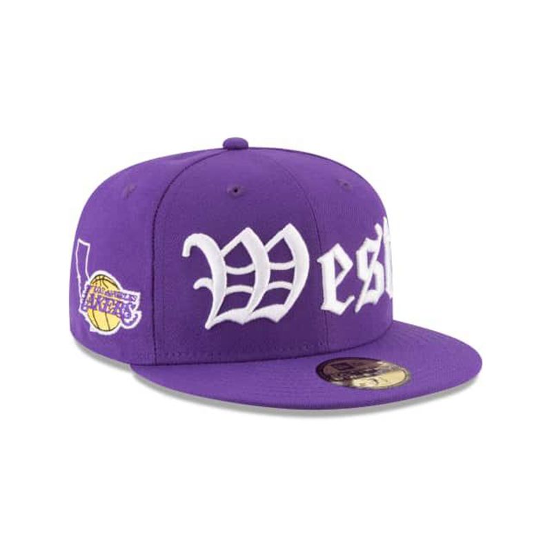 NBA Los Angeles Lakers League Script 59Fifty Fitted (FZU9503) - Purple New Era Caps